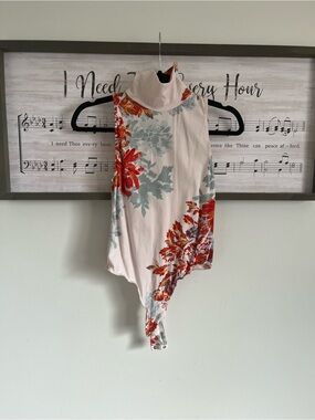 Anthropologie Cream Mock-Neck Floral Bodysuit with Red Accents